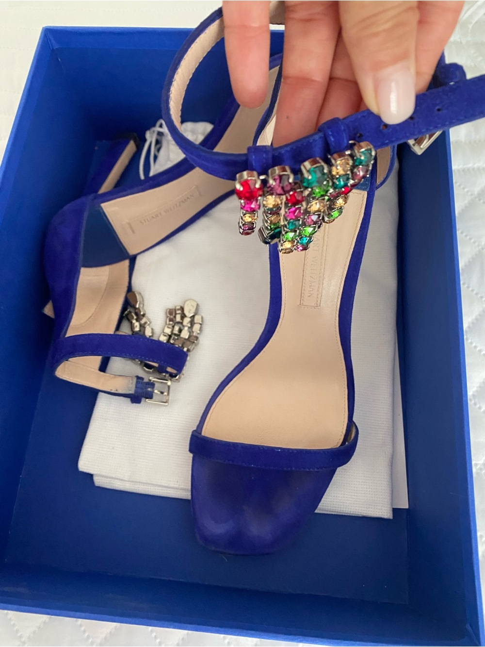 Stuart Weitzman Cobalt Blue Jeweled Ankle-Strap Sandals